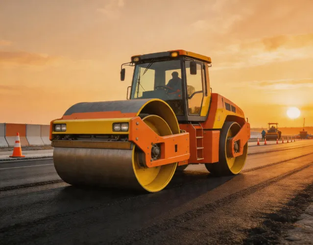 Bomag road roller compacting asphalt